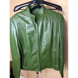 Danier Green Leather Cafe Racer Jacket Womens L/G Olive Moto Biker Zip Up